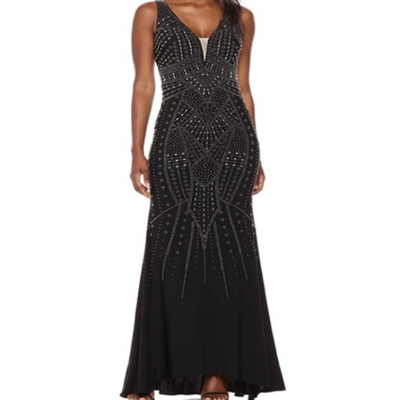 XSCAPE 4P Womens Navy Sleeveless V Neck Full-Length Evening Prom Beaded $329 NWT - Picture 1 of 13